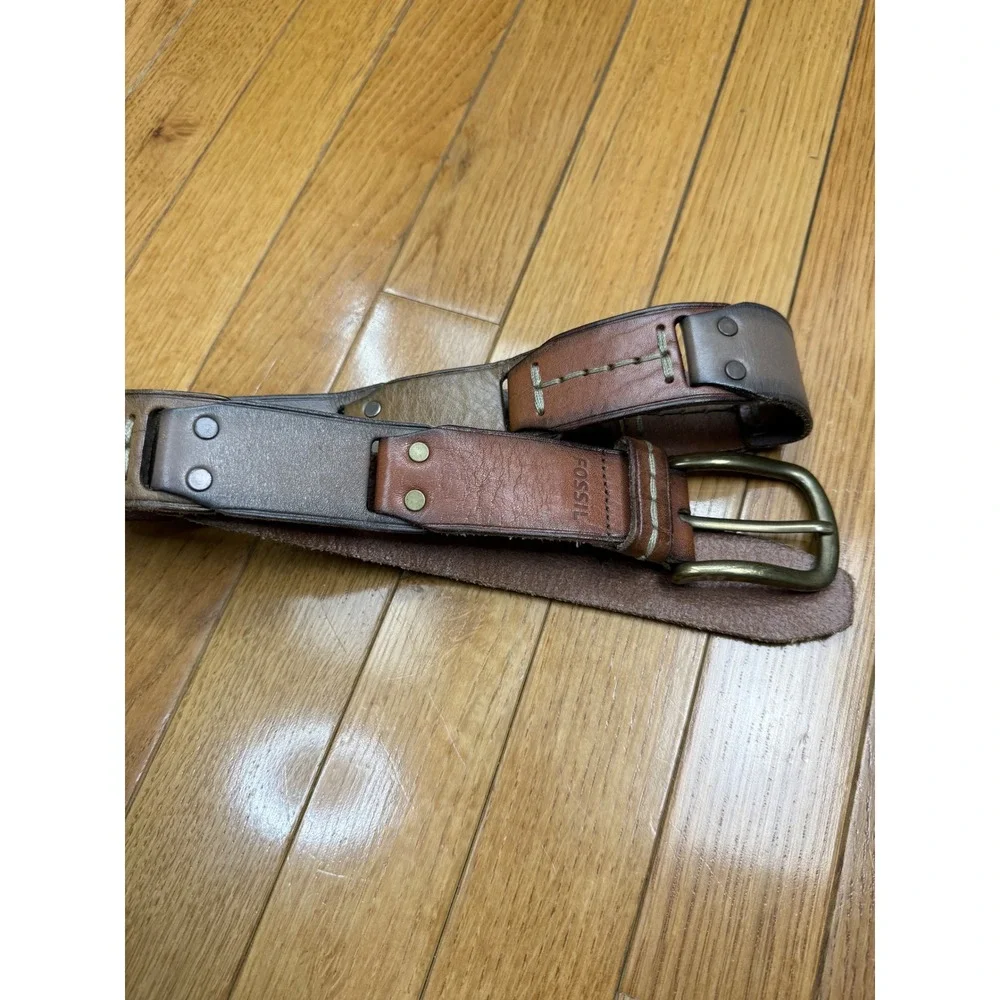 Fossil Brown Patchwork Genuine Leather Belt Large Brass Buckle‎ Rivet L